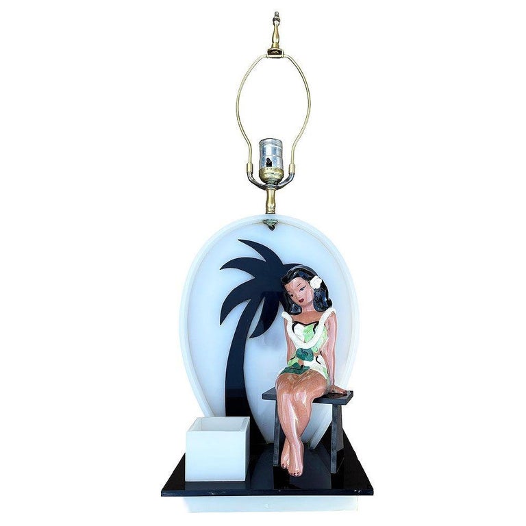 Mid-century Acrylic Hula Girl Midnight Palm Silhouette Table Lamp by Moss