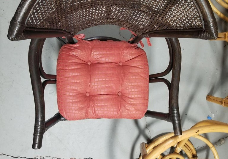 Restored Dark Wood Rattan Cane Fan Back Armchair