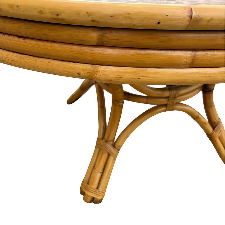 Restored Round Rattan & Mahogany Dining Table W/ Leaf