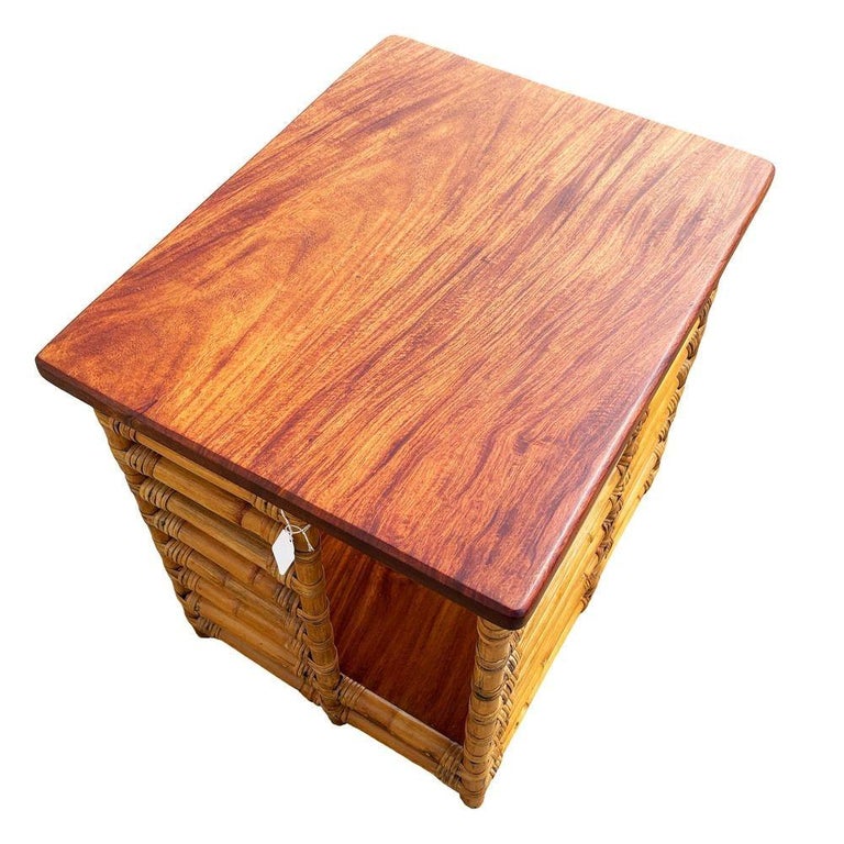 Restored Rattan "Jacob's Ladder" Storage Side Table with Mahogany Top