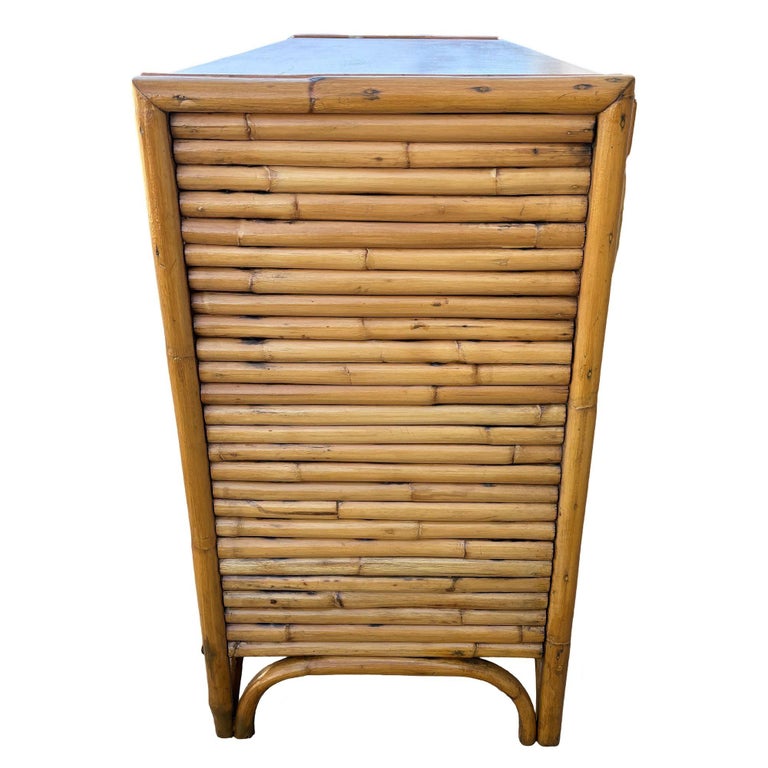 Restored Early Mid-century Stacked Rattan Credenza TV Stand w/ Mahogany Top