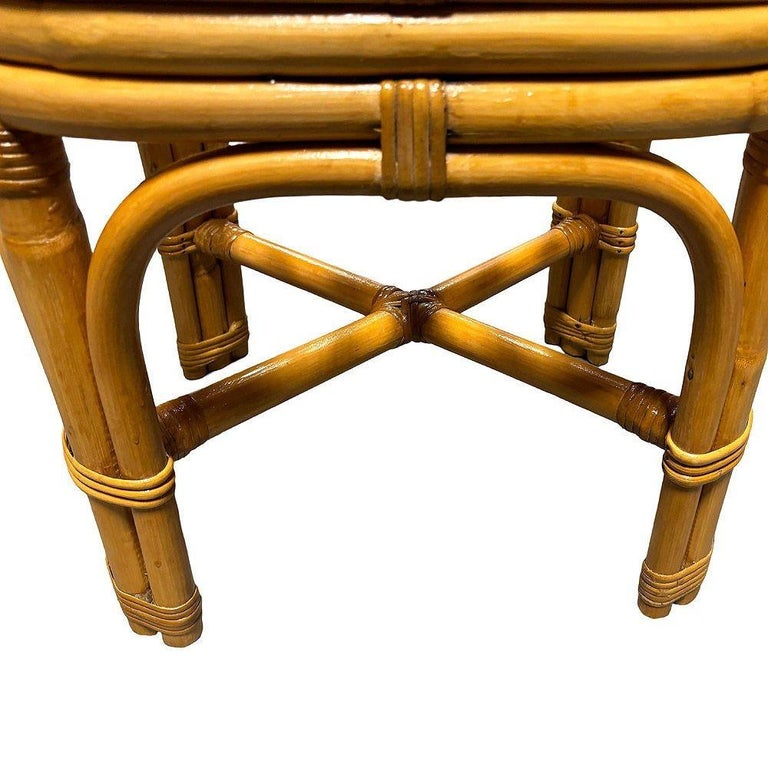 Restored Mid-century Rattan & Wicker Triple Arched Vanity Stool w/ Palm Fabric