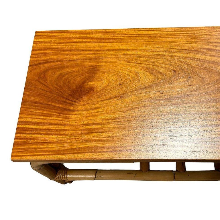 Restored 2-Tier Rattan Staple Base Coffee Table w/ Mahogany