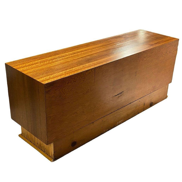 Restored Frankl Style Rattan & Mahogany Credenza TV Stand W/ Stacked Rattan Base