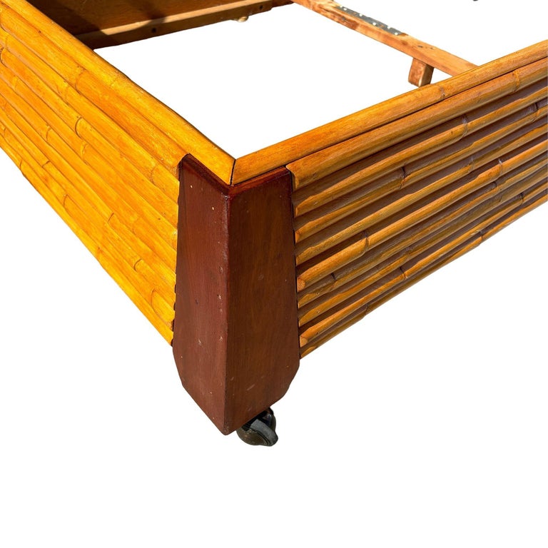 Restored Art Deco Geometric Stacked Rattan Bed and Mahogany Twin Bed Frame