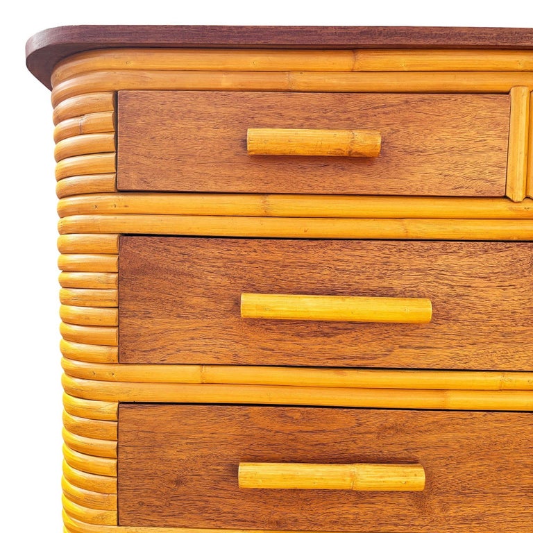 Restored Art Deco 6 Drawer Stacked Rattan Highboy Dresser w/ Mahogany Top
