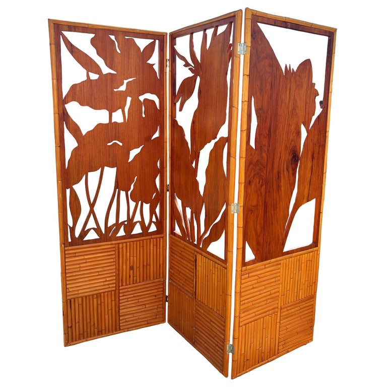 3 Panel Mid-Century Carved Koa Wood & Stacked Rattan Folding Screen