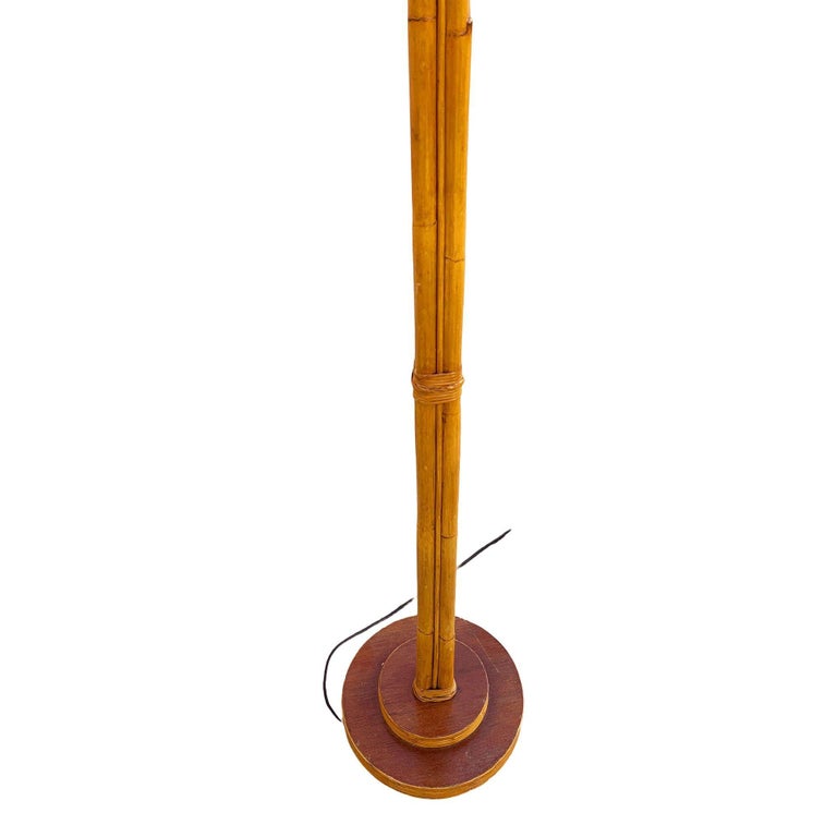 Restored Mid-century Three-Pole Rattan Floor Lamp w/ Mahogany Base