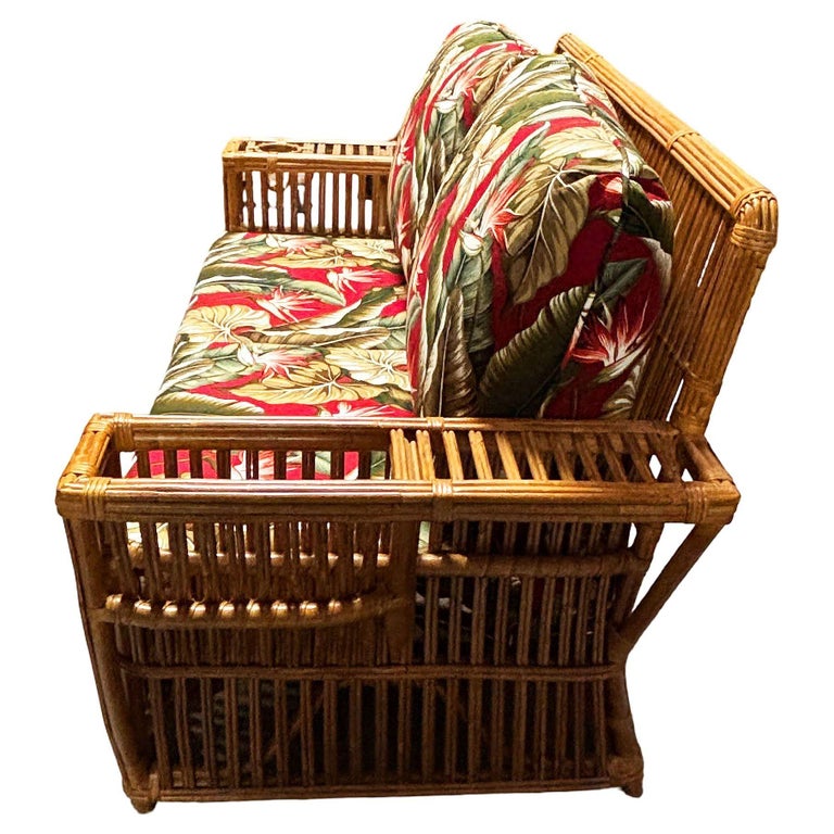 Deco Style "Presidents" Stick Reed Rattan Nantucket 3-Seat Sofa, Floral Cushions