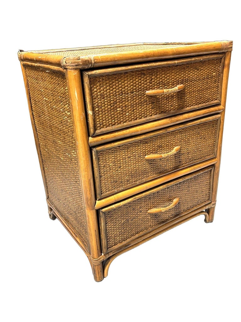 19th Century Aesthetic Movement Rattan & Woven Wicker Three Drawer Nightstand