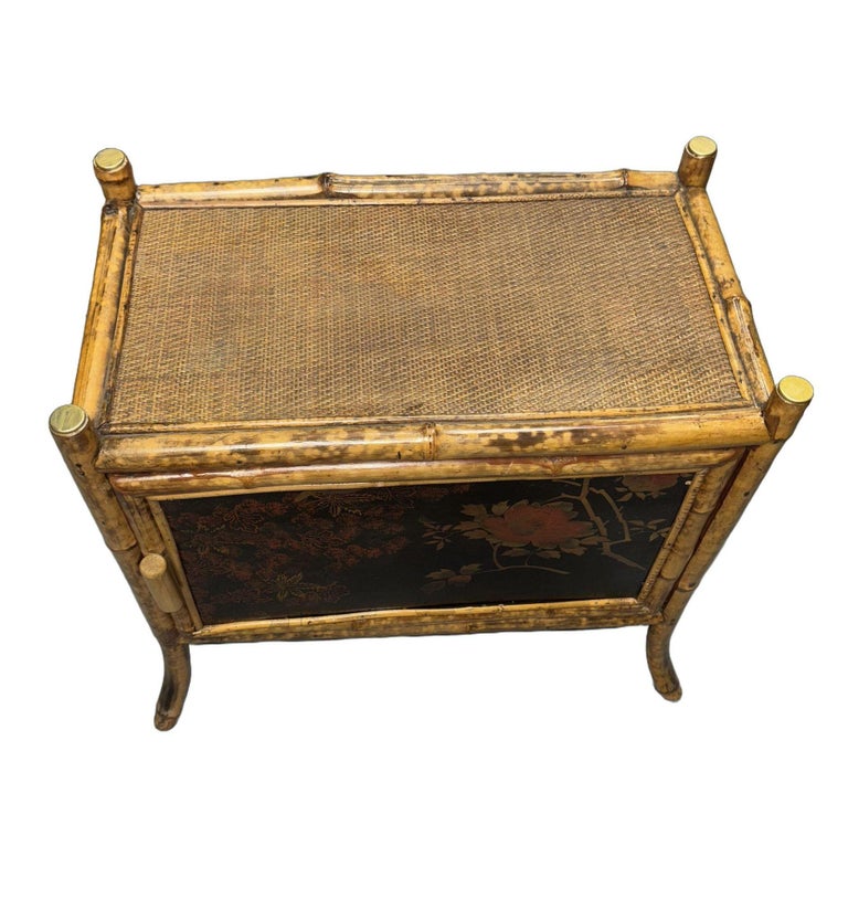 Victorian Chinoiserie Tiger Bamboo Nightstand with Hand-Painted Lacquer Front