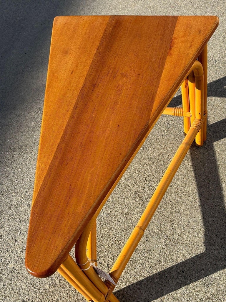 Restored Rattan Corner Wedge Table with Mahogany Tabletop