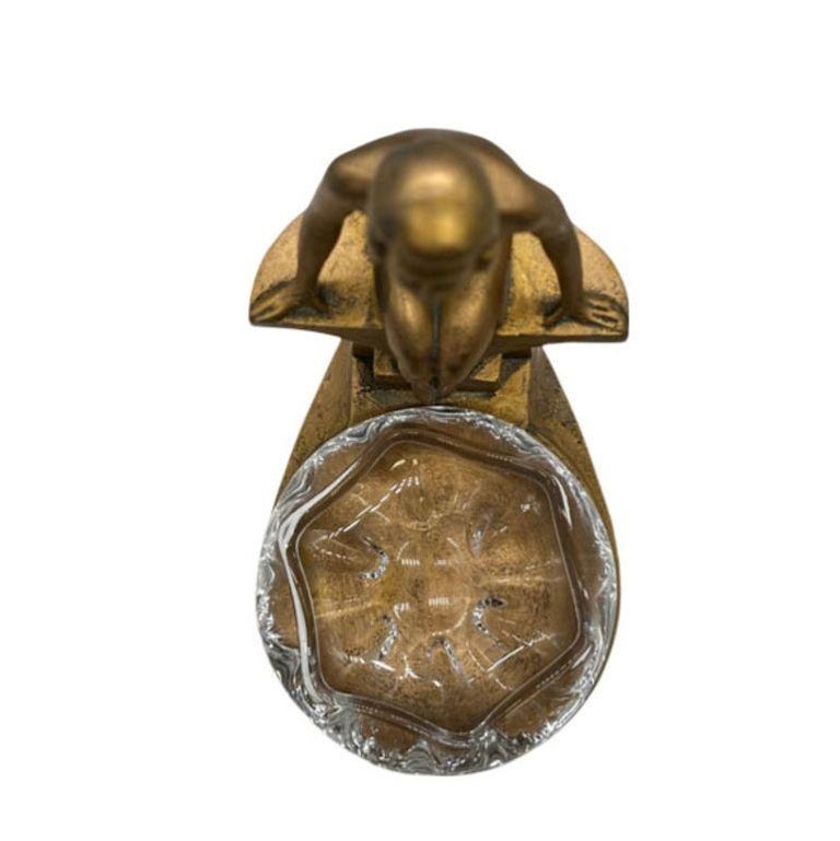 Art Deco Nude Woman Seated at Pool Bronze & Crystal Sculpter Ashtray by Nuart