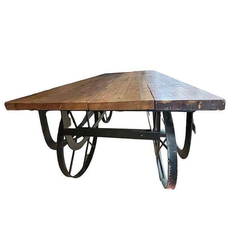 Industrial Iron & Wood Railroad Style Rolling Trolly Cart Coffee Table