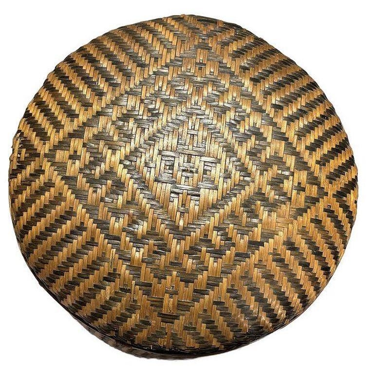 Tall Traditional Thai Hand Woven Wicker Rice Storage Basket w/ Lid