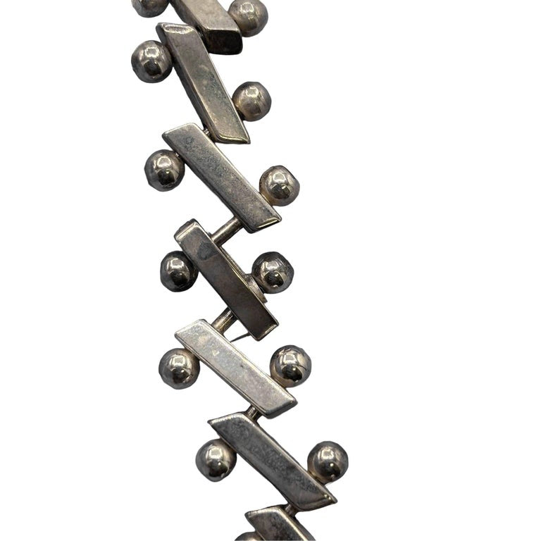 Mid-Century Heavy 925 Sterling Silver "Zig-Zag" Nuts Balls Links Bar Bracelet