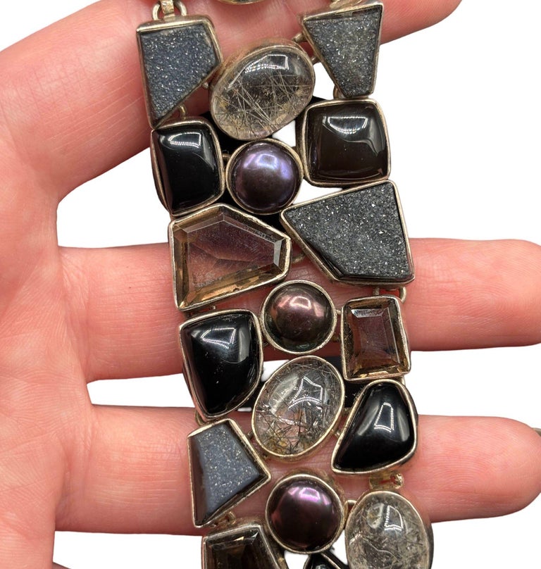 Organic Design Sterling Silver Mosaic Bracelet w/ Quartz, Ametrine, & Onyx