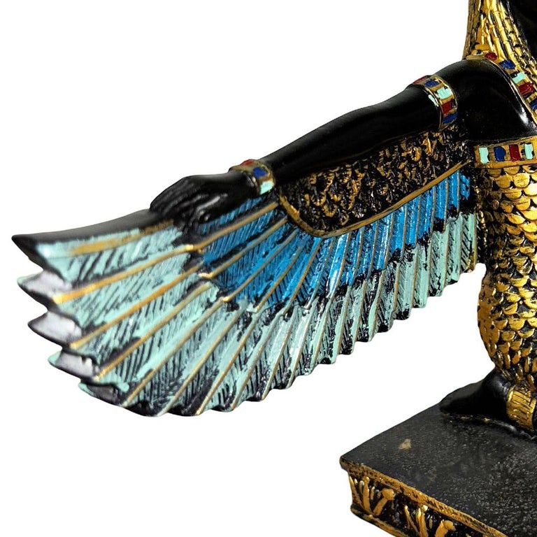 Hand Painted Resin Egyptian Goddess Tabletop Sculpture of Winged Deity Isis