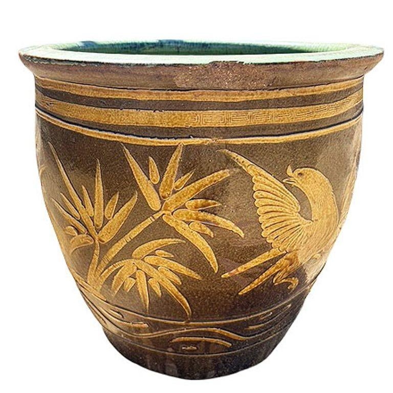19th Century Large Bird & Bamboo Art Pottery Chinese Egg Pot Jardinière Planter