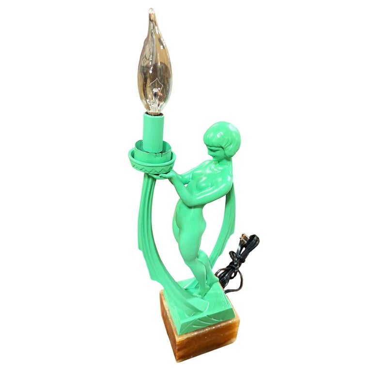 French Green Spleter Metal Art Deco Style Biba Lamp on Marble by Jacques Limousi