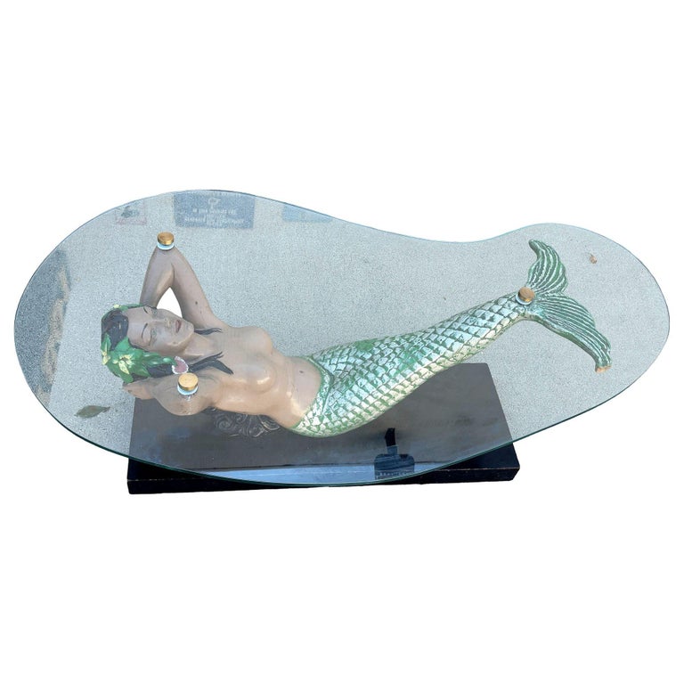 MCM Sculptural Nude Mermaid Biomorphic Cocktail Table w/ Pair of End Tables