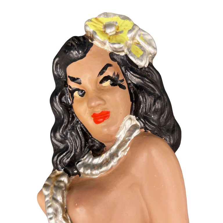 MCM Hawaiian Art Pottery Nude Pin-up Yellow Hula Girl Wall Sculpture, Pair