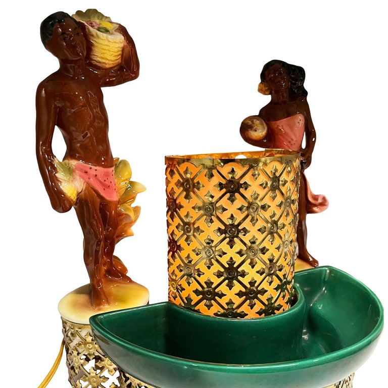 Mid-Century Hawaiian Themed Brass & Ceramic TV Lamp & Planter by Sierra Columbia