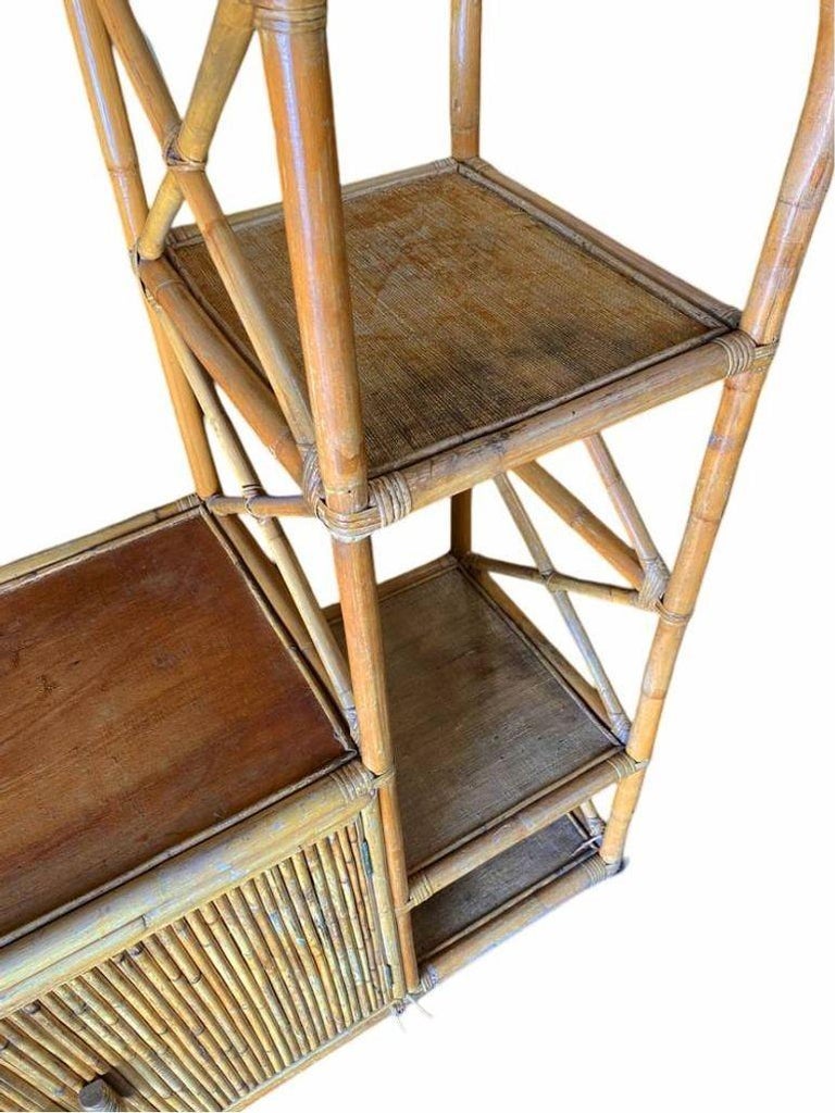 Restored Rattan Seven-Tier Display Shelf Wall Etagere Unit w/ Cabinet