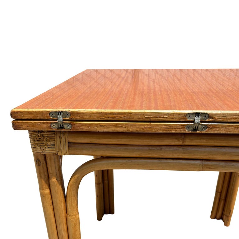 Restored Mid-century Expanding Hinge Leaf Rattan Dining Table