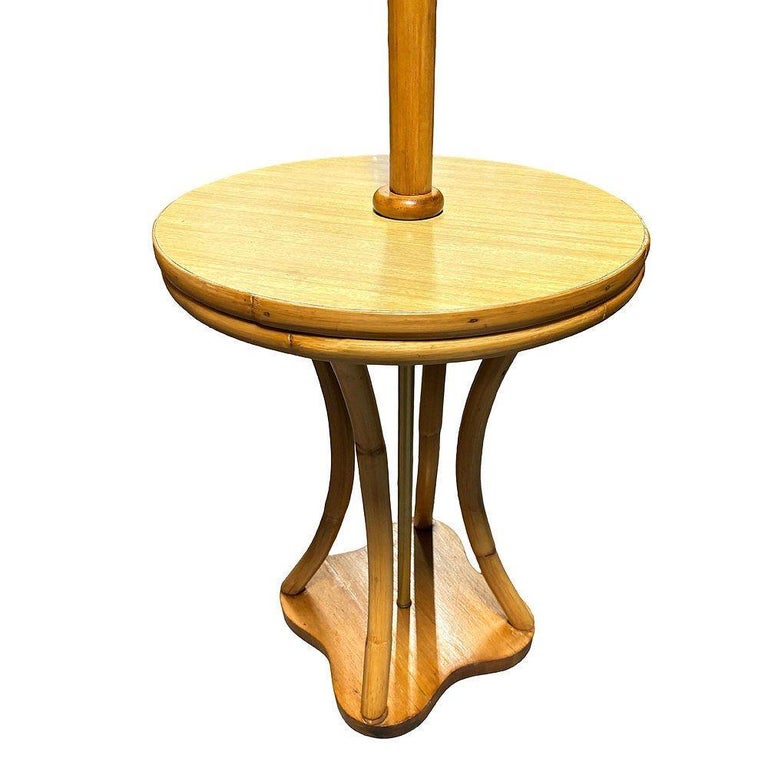 Restored Rattan & Mahogany Hourglass Side Table Torchiere Floor Lamp