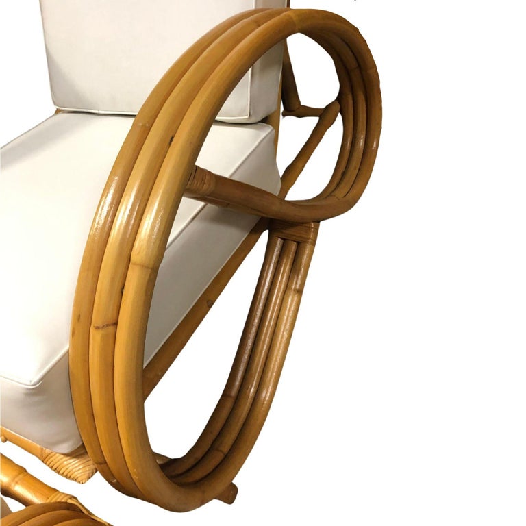 Restored 3-Strand 3/4 Pretzel Rattan Adjustable Reclining Lounge Chair w Ottoman
