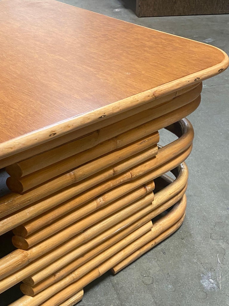 Restored 1940's Stacked Rattan Coffee Table w/ Rattan Wrapped Mahogany Top