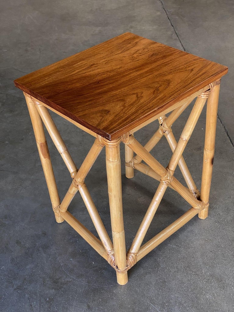 Restored Set of 3 Rattan Nesting X Side Tables with Mahogany Top