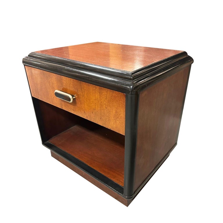Pair of Two Toned Art Deco Cherry Wood & Lacquer Bedside Tables w/ Stepped Top