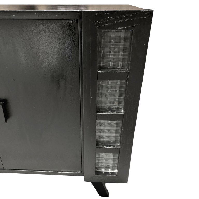 Mid Century James Mont Styled Black Lacquered & Glass Bar Cabinet & TV Stand