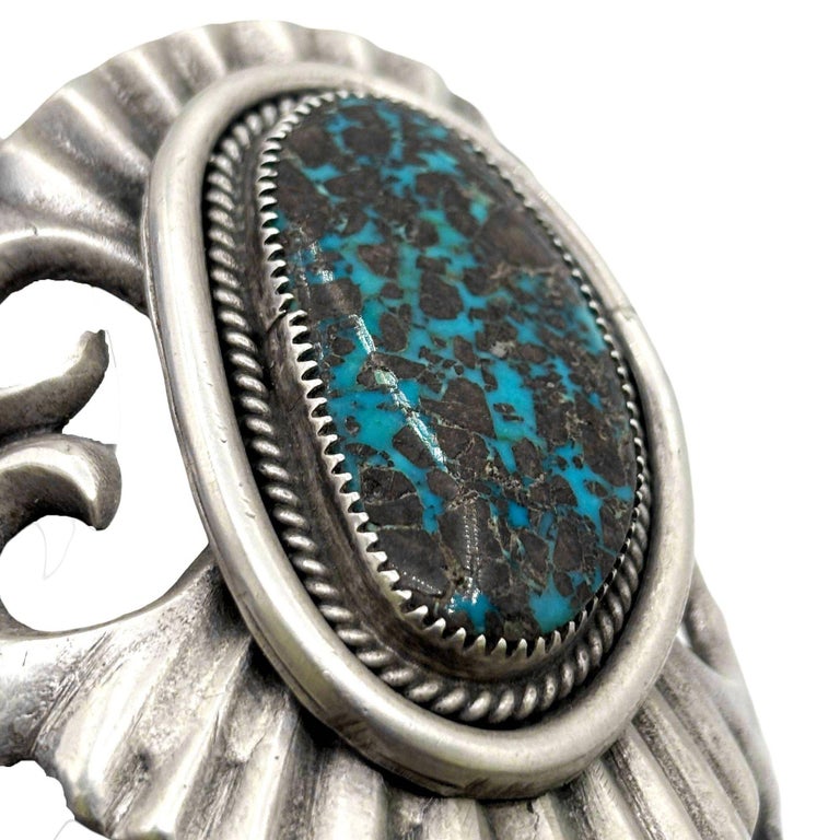 Mid-century Sterling Silver Navajo Cuff Bracelet w/ Bisbee Blue Turquoise Stone