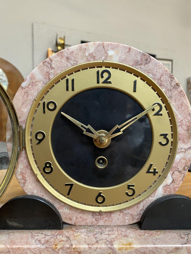 French Art Deco UCRA Bronze Swan Marble Mantle Garniture Clock Set by Marefbay