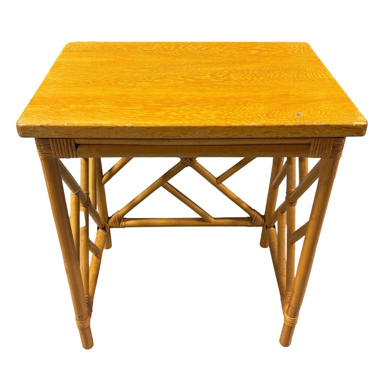Restored Mid-Century Set of 3 Rattan Nesting Side Tables w/ Mahogany Top