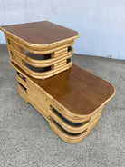 Restored Two-Tier Stacked Rattan Side Table with Mahogany Tops, Pair