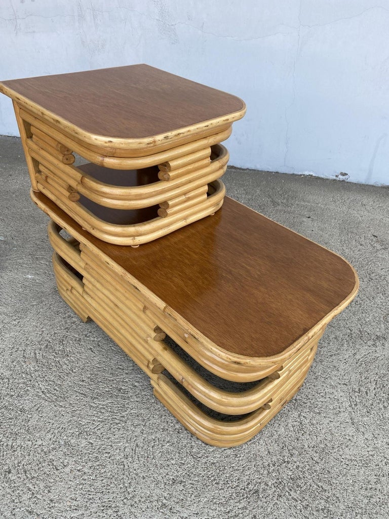 Restored Two-Tier Stacked Rattan Side Table with Mahogany Tops, Pair