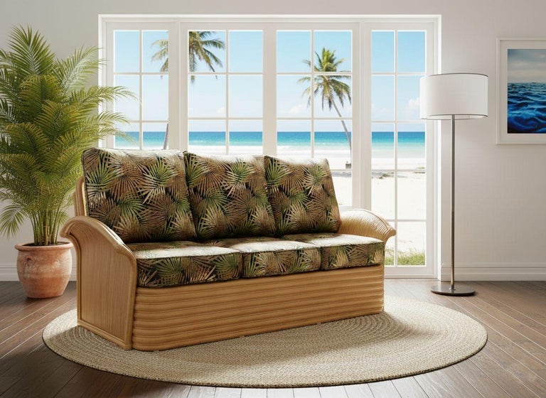 Art Deco Style "Hawaii" Rattan Fan Arm Three-Seat Sectional Sofa