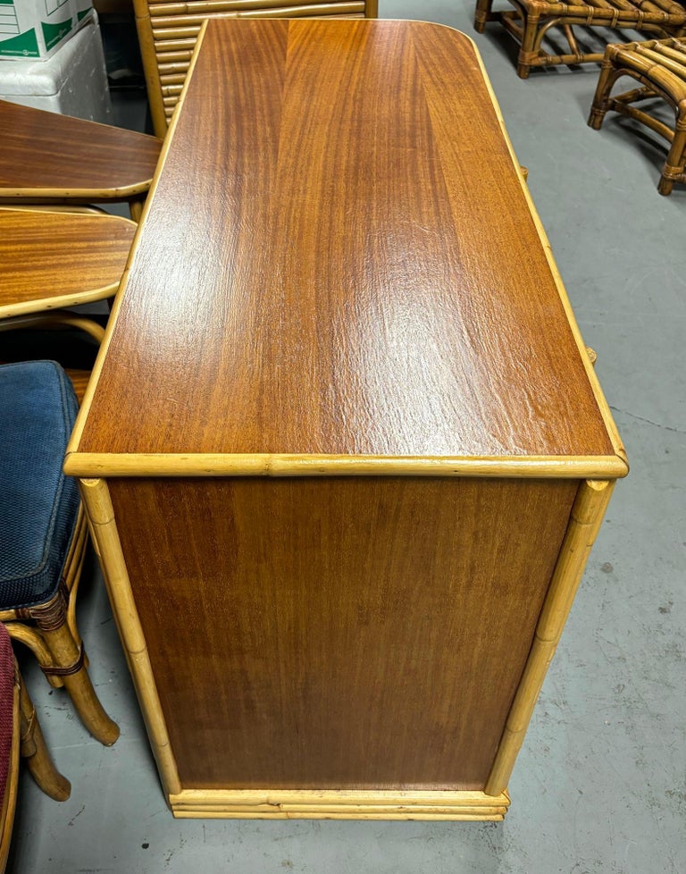 Streamline Mahogany and Rattan Writing Desk with Rattan Pulls & Shelf