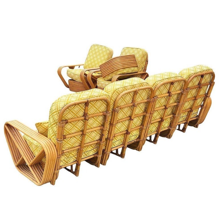 Restored Mid-century 5-Strand Square Pretzel Rattan Chair & Sofa Livingroom Set