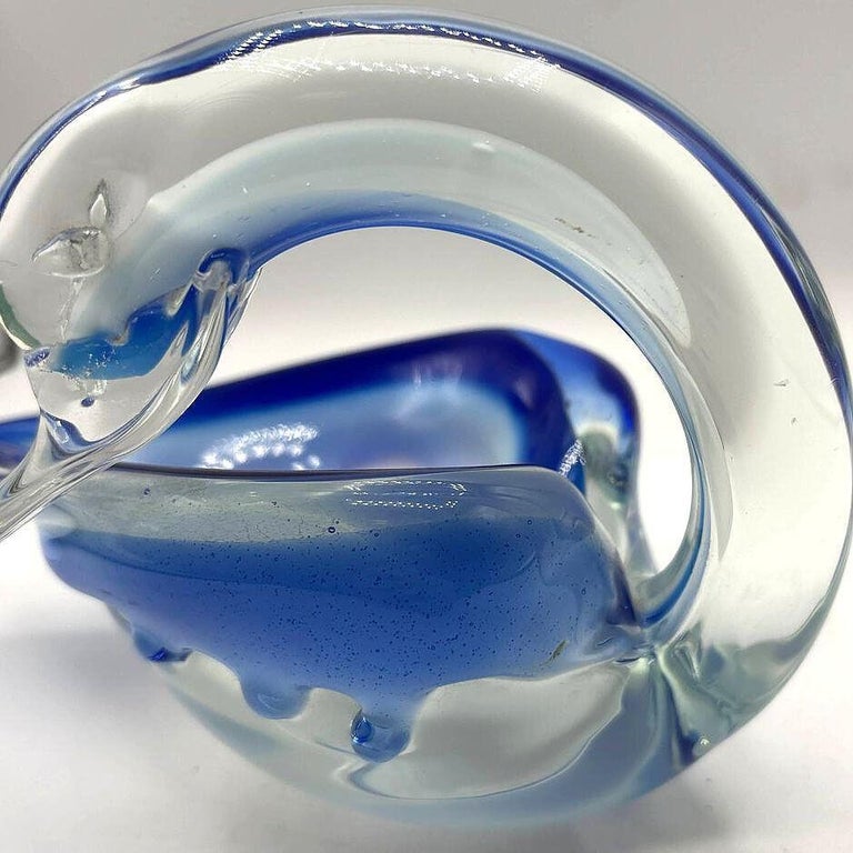 Hand Blown Blue & Transparent Murano Art Glass Swan Ring Tray