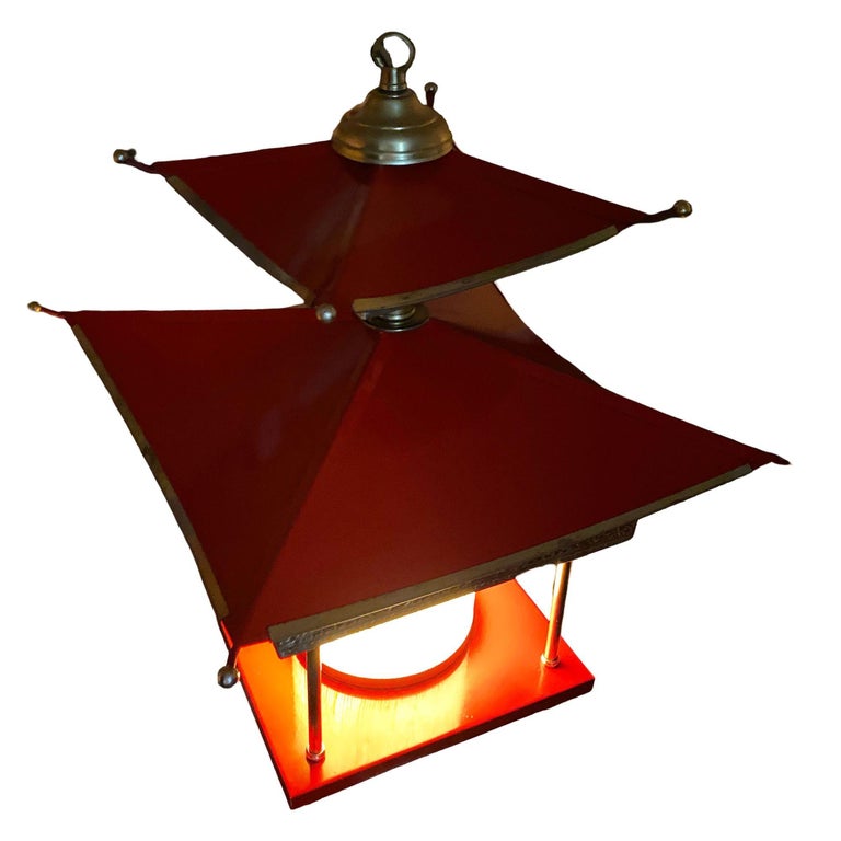 Mid-Century Pagoda Enameled Red Metal & Gold-Tone Tole Chinoiserie Chandelier