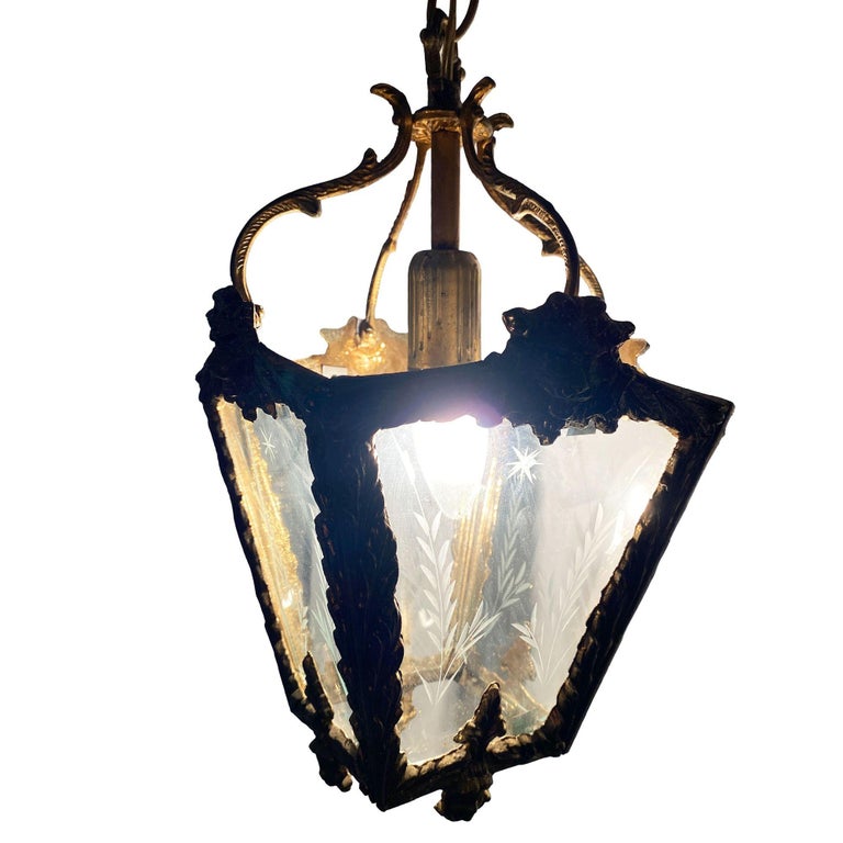 Italian Rococco Style Brass Lantern Hanging Wall Sconce w/ Etched Glass Panels