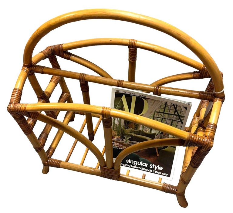Restored Palm Rattan Magazine Rack W/ Handle, Pair