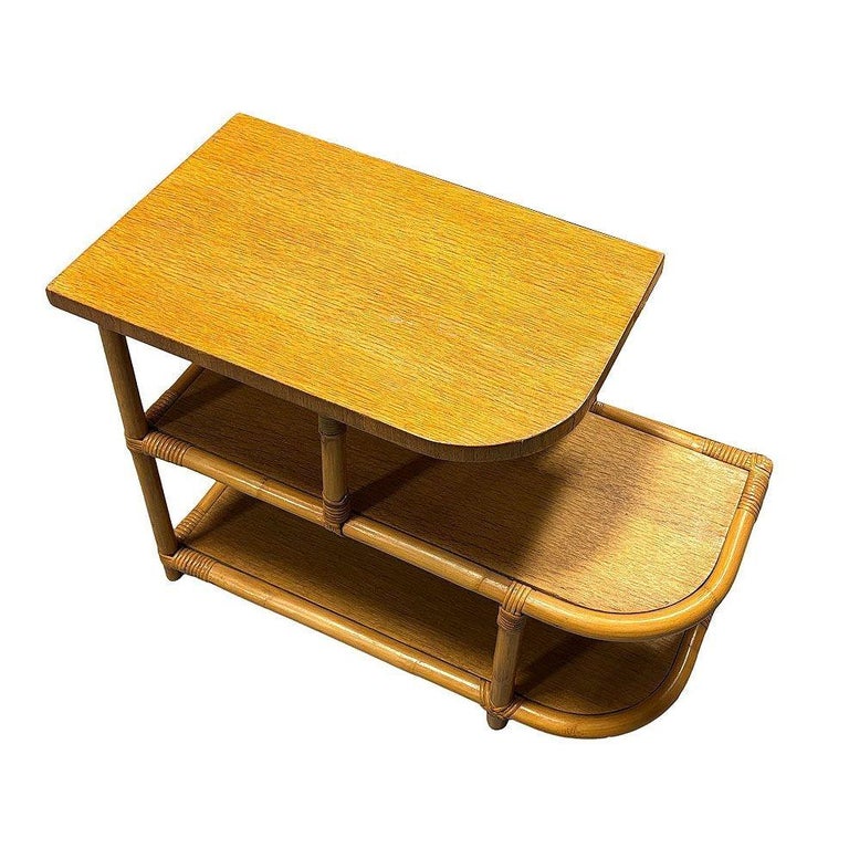 Restored Streamline Rattan & Mahogany 3-Tiered "Trio" End Table, Pair