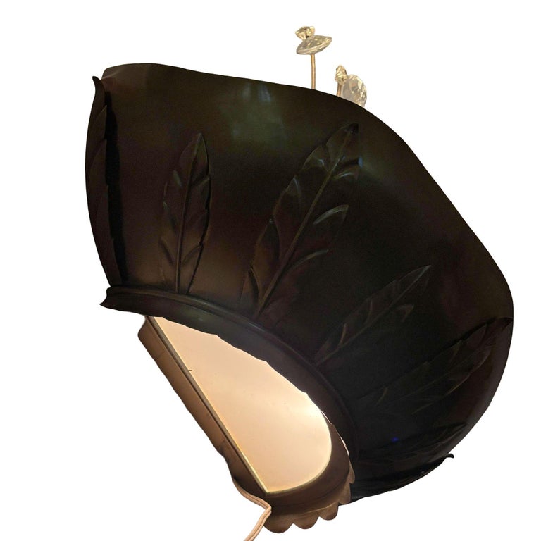 Art Deco Brass Hollywood Regency Palm Leaf Wall Sconce W/ Crystal Arms