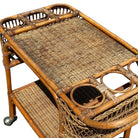 Restored Art Deco Stick Rattan Two-Tier Bar Cart w/ Woven WickerTops